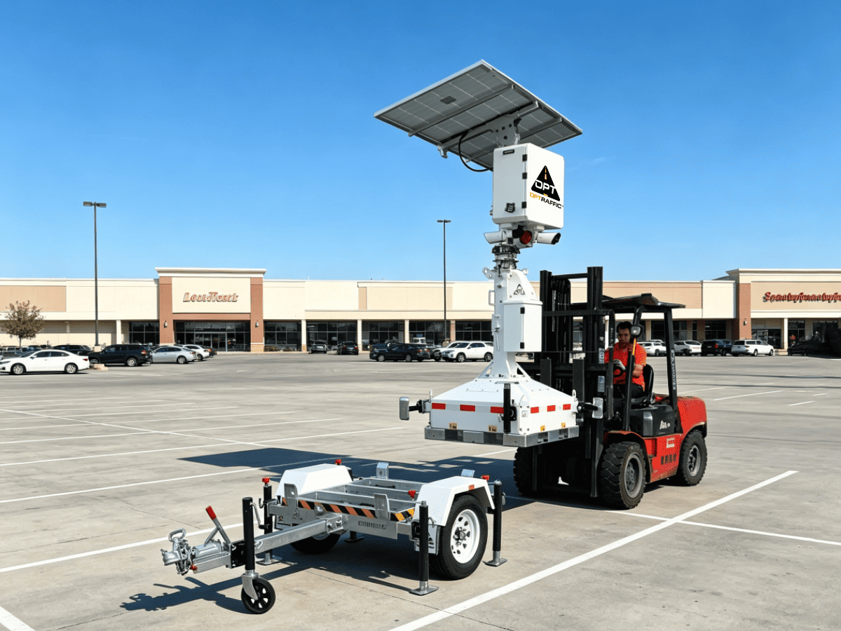 Optraffic camera towers deployed at multiple positions across a large industrial site